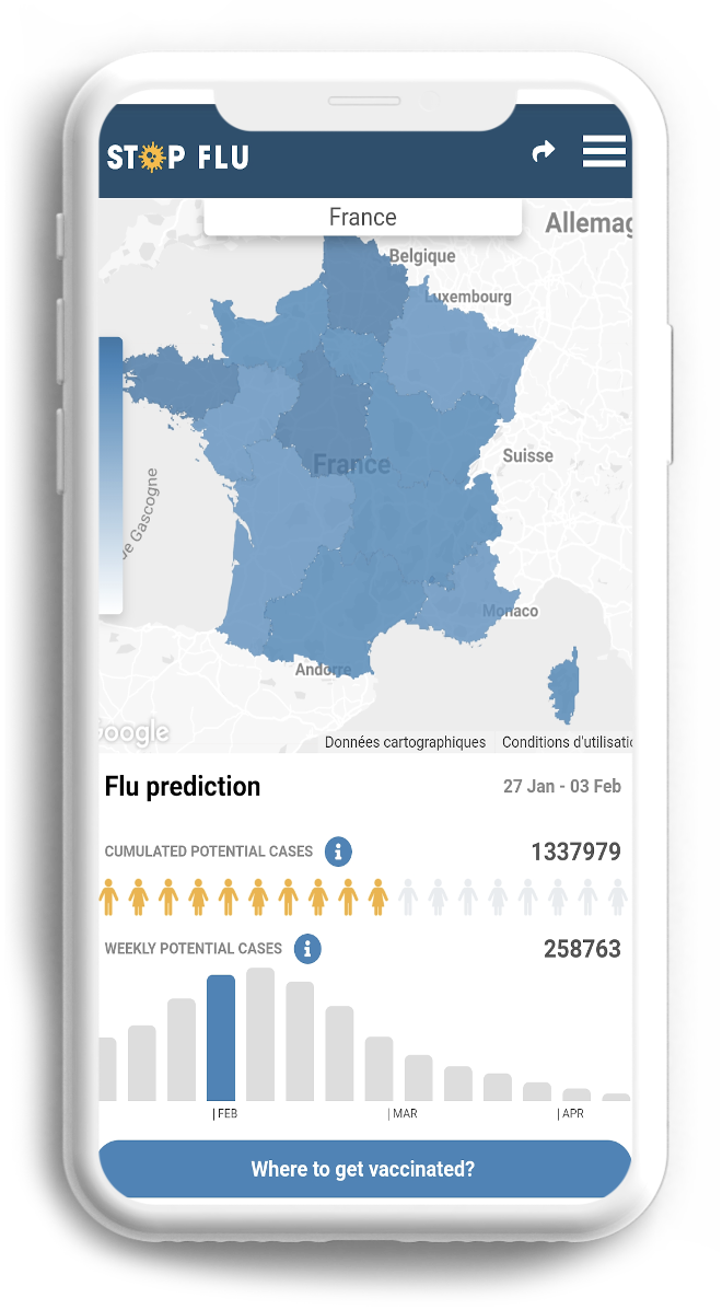 Flu-prediction mobile screen showing a regional forecast map and weekly case trend, English interface