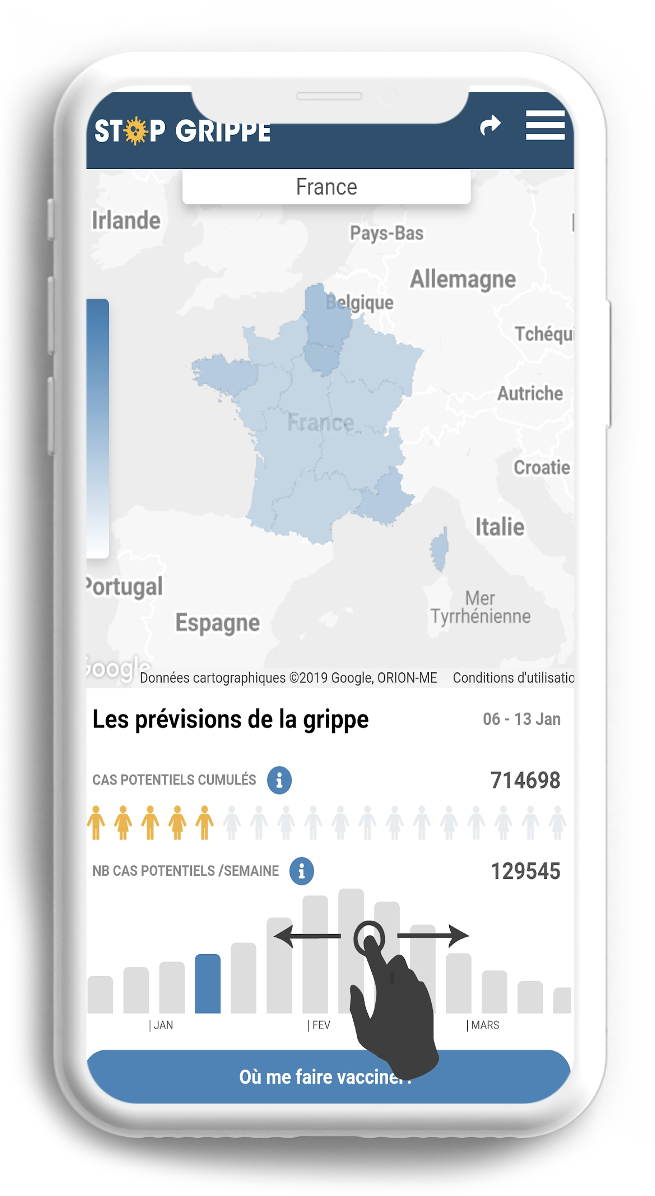 Flu-prediction mobile screen showing a regional forecast map and weekly case trend, French interface
